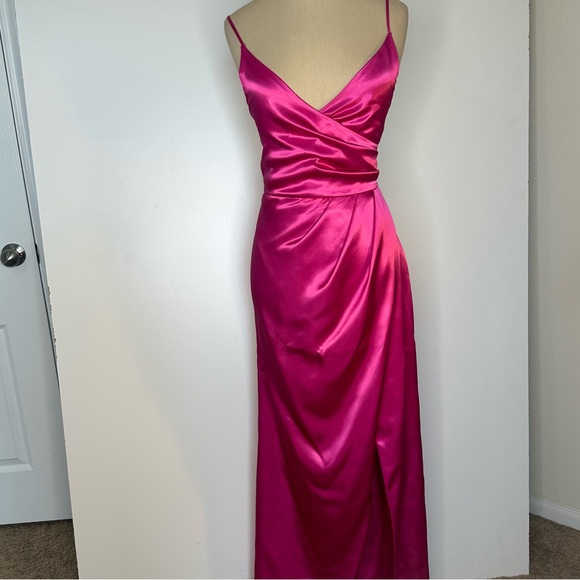 Hot pink satin effect wrap Slip lace up back long Dress gown 6 - Picture 5 of 16
